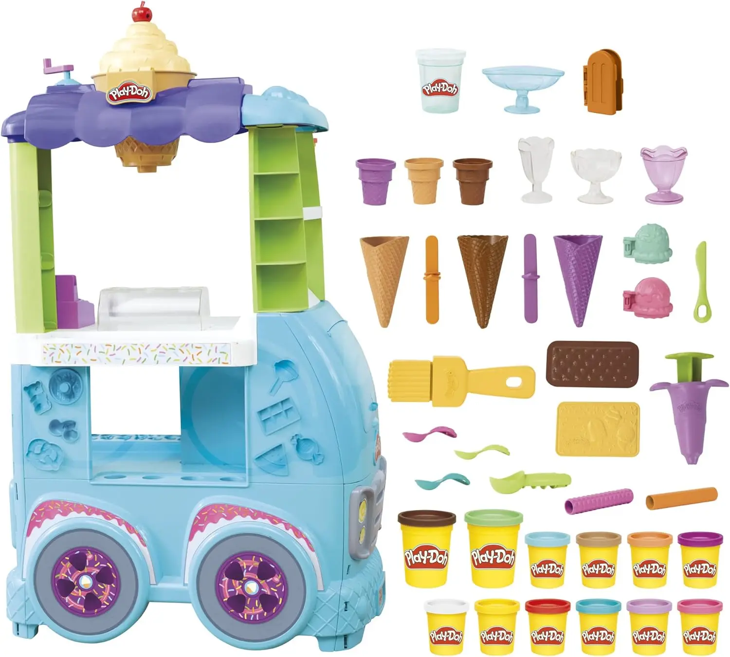 Kitchen Creations Ultimate Ice Cream Truck Toy Playset, 27 accesorios, 12 latas, juguetes preescolares para niños de 3 años en adelante, no tóxico