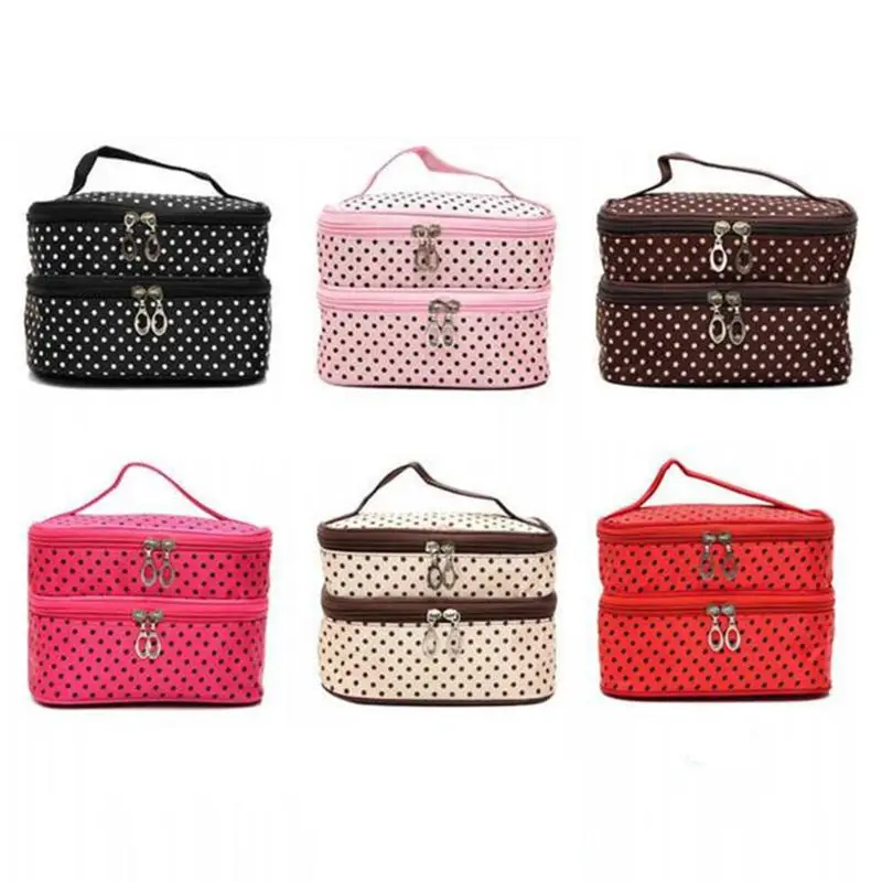 E74B Women Travel Cosmetic Polka Dots Makeup Double Layer for Case