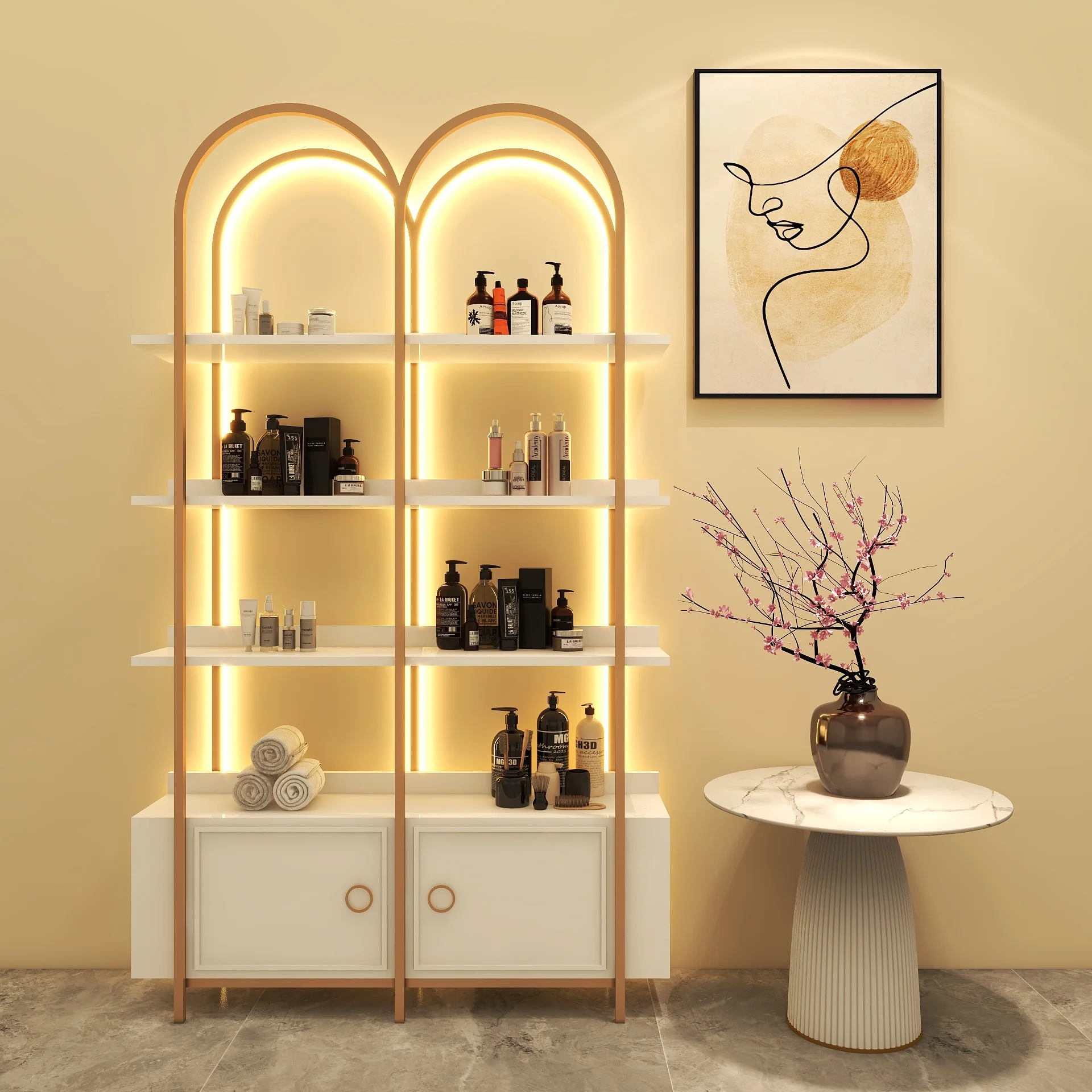 Luxury Beauty salon display cabinet Cosmetics shelf Nail shop product shelf Skin care makeup floor display shelf with light