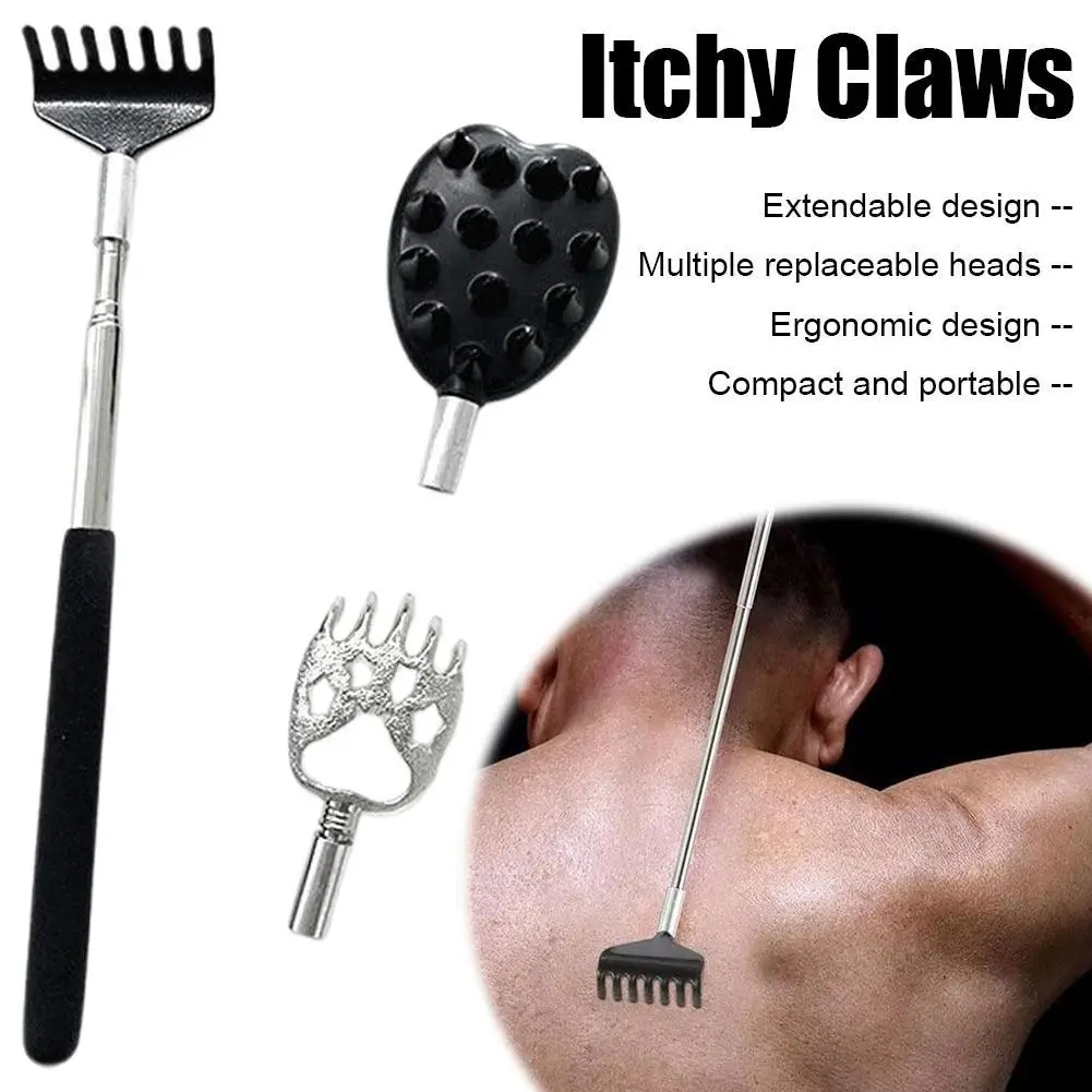 

Itchy Scratch Retractable Back Gripper With 3 Detachable Gripper Heads Double-Sided Back Gripper/Metal Claw/Rake Back Gripper