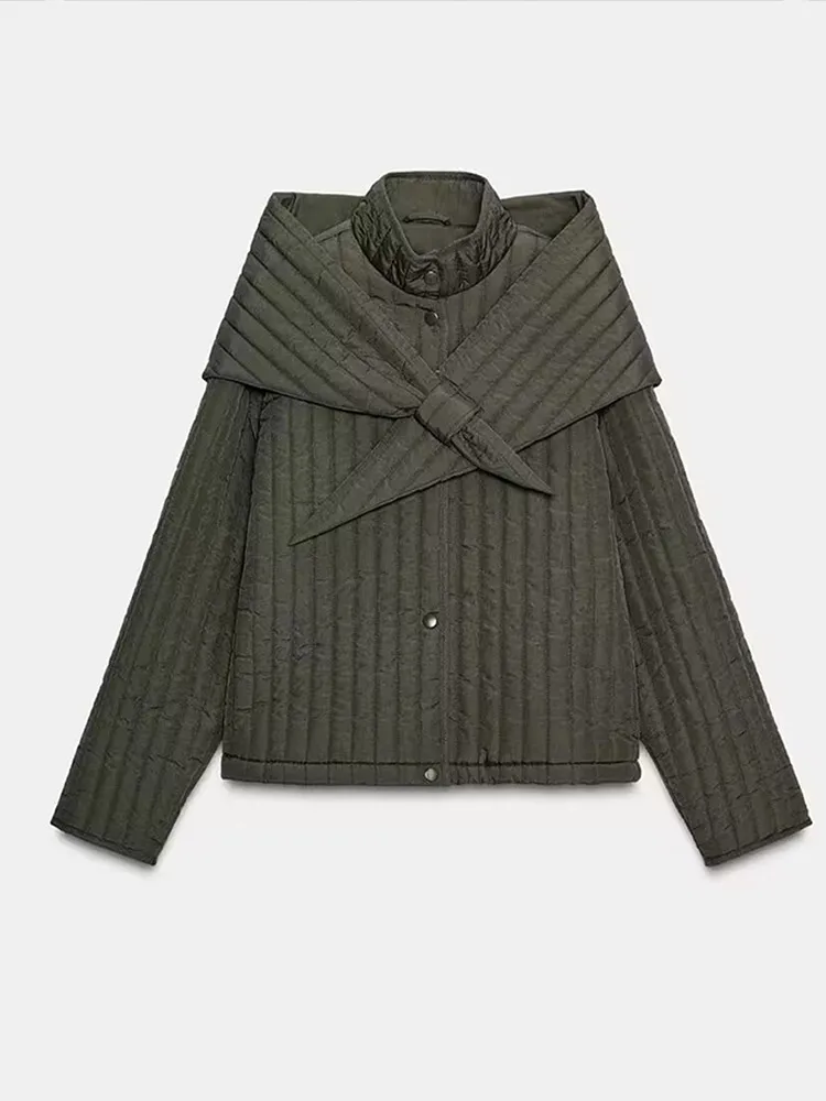 เสื้อโค้ทผ้าฝ้ายแขนยาวทรงหลวมสำหรับผู้หญิง สไตล์หรูหรา ปกผ้าพันคอแบบเรียบง่าย เหมาะสำหรับฤดูหนาว สวมใส่สบายๆ แบบลำลอง