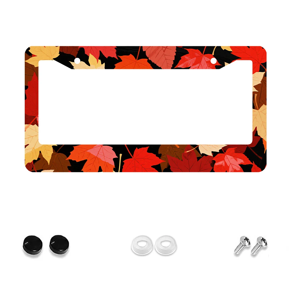 

1pc Retro Red and Yellow Maple Leaf Pattern 2 Hole License Plate Frame, Aluminum Material, 6x12 Inches, with Screw Set, Fun Car
