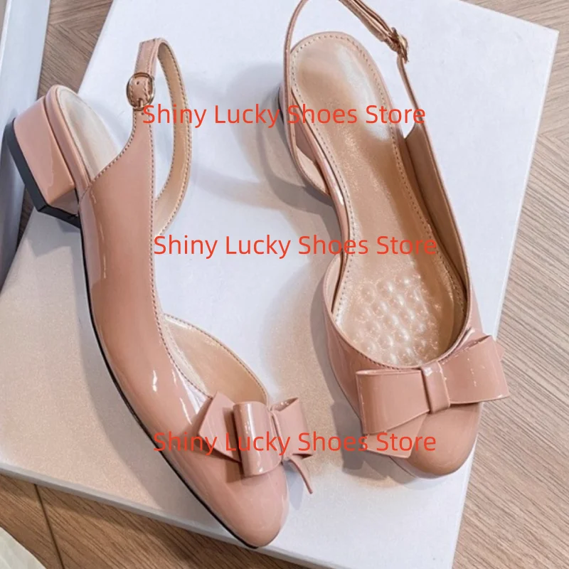 

Butterfly-knot Female Sandals Round Toes Chunky Mid Heels Shoes For Women Patent Leather Chassure Femme Back Strap Zapatos Mujer