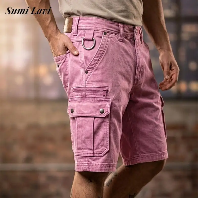 

2026 Spring Summer Daily Leisure Cargo Shorts Men Streetwear Vintage Solid Color Loose Shorts Casual Loose Straight Shorts Mens