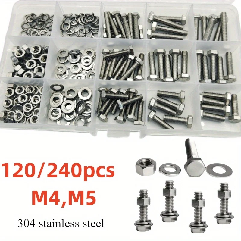 120/240-Piece Stainless Steel Hexagon Bolt and Nut Set - Durable, Corrosion Resistant, M4/M5 Size