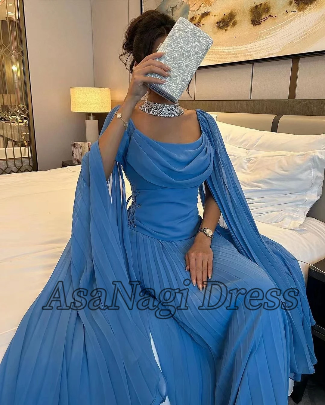 AsaNagi Blue Chiffon Prom Dresses Boat Neck Pleated Ankle-Length Women Elegant Evening Party Dress 2023 فساتين سهره Saudi