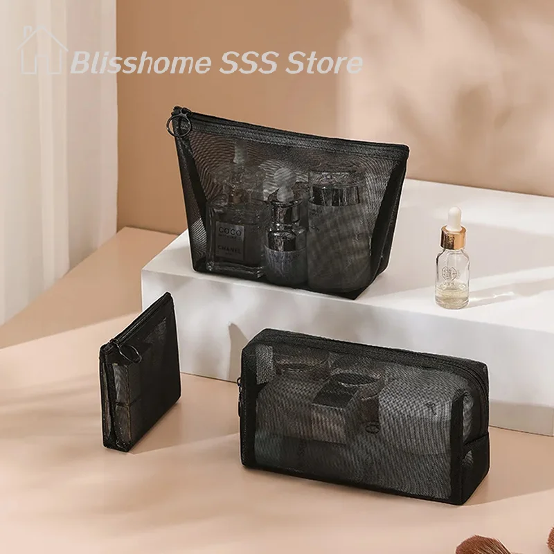 【S】Mesh Clear Cosmetic Bags Small Large Black Makeup Bag Portable Travel Toiletry Organizer Case Lipstick Storage Pouch