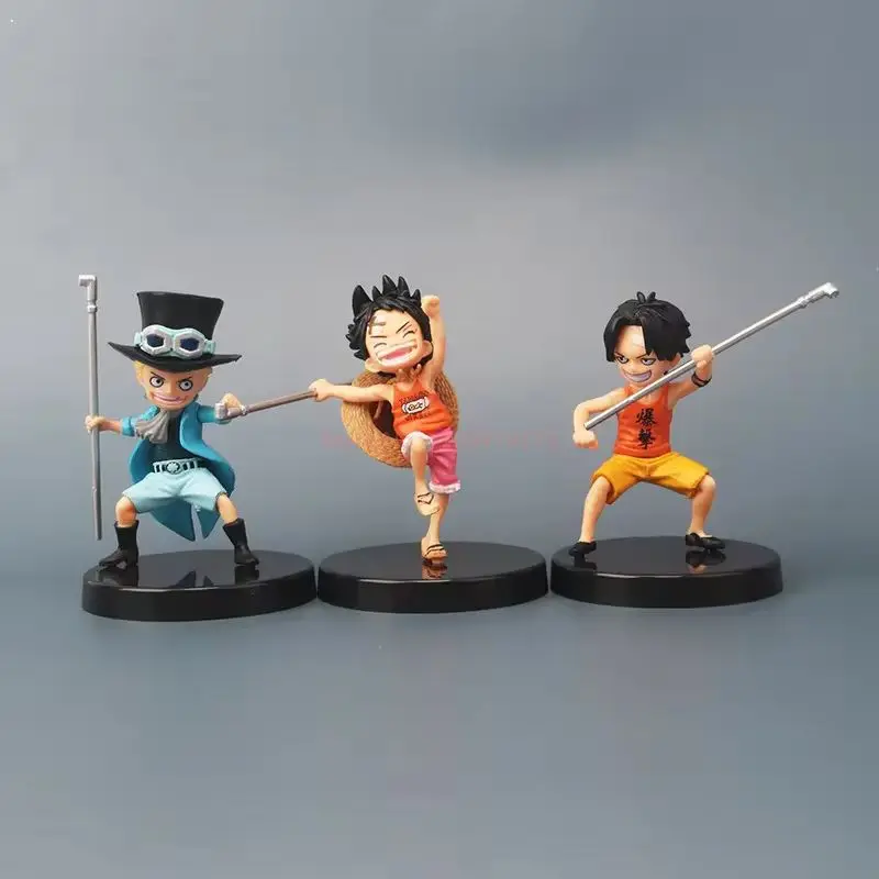 PVC Action Figurine Model Toys, Figura Anime, Luffy, Ás, Sabo com Bastão, Arma, Bonecas de Infância, Presente, 9cm, 3Pcs Set