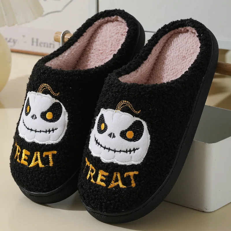 Halloween Pumpkin Embroidered Cotton Slippers Women Winter Comfortable Soft Sole Couple Shoes Woman Non Slip Flat Plush Slides