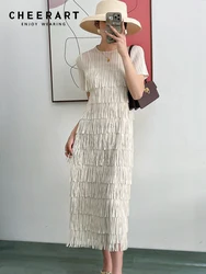 CHEERART Designer Long Fringe Dress For Women 2023 Summer Short Sleeve Midi Pleated Party Dress Women Elegant Luxury