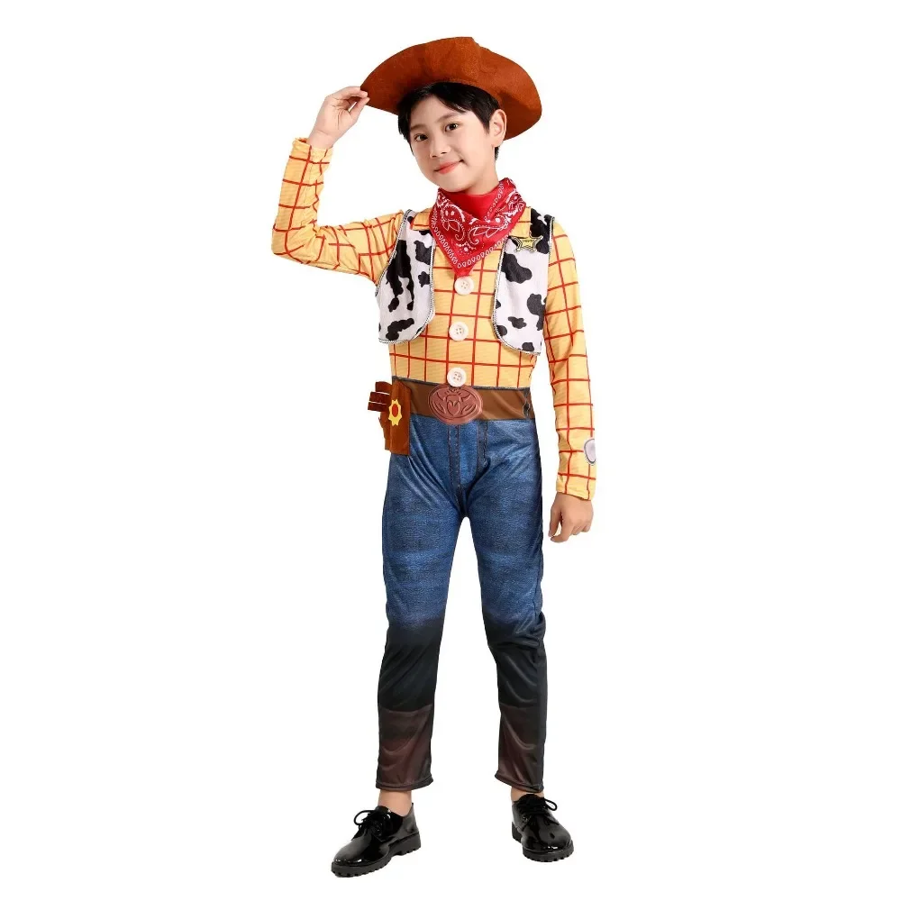 Toy Story Woody Children's Jumpsuit Cosplay Costume Cartoon Character Cowboy Kids Bodysuit with Hat Suit Christmas Carnival Gift