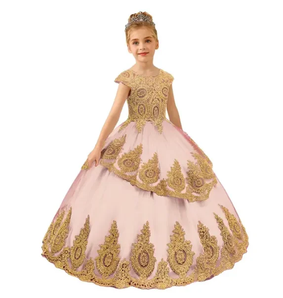 

Gold Lace Appliques Princess Flower Girl Dress For Wedding Prom Evening Gown First Communion Banquet Ball Celebration