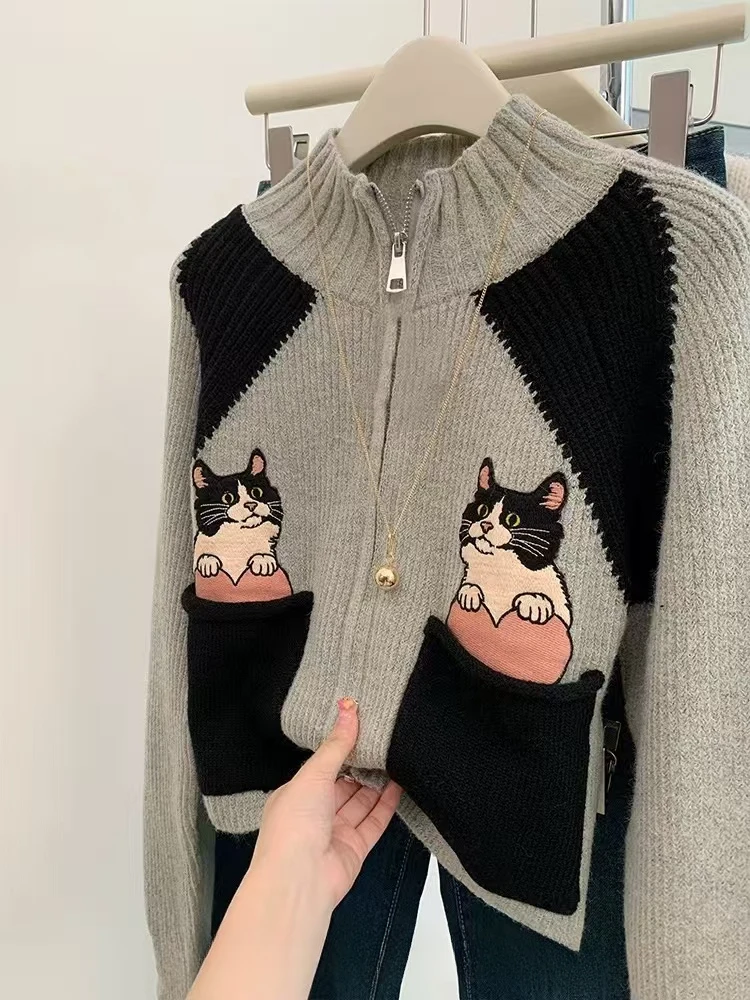 Contrast Color Cat Embroidery Knitted Cardigan Women's New Autumn Winter Vintage Chic Stand-up Collar Long Sleeve Sweater Jacket