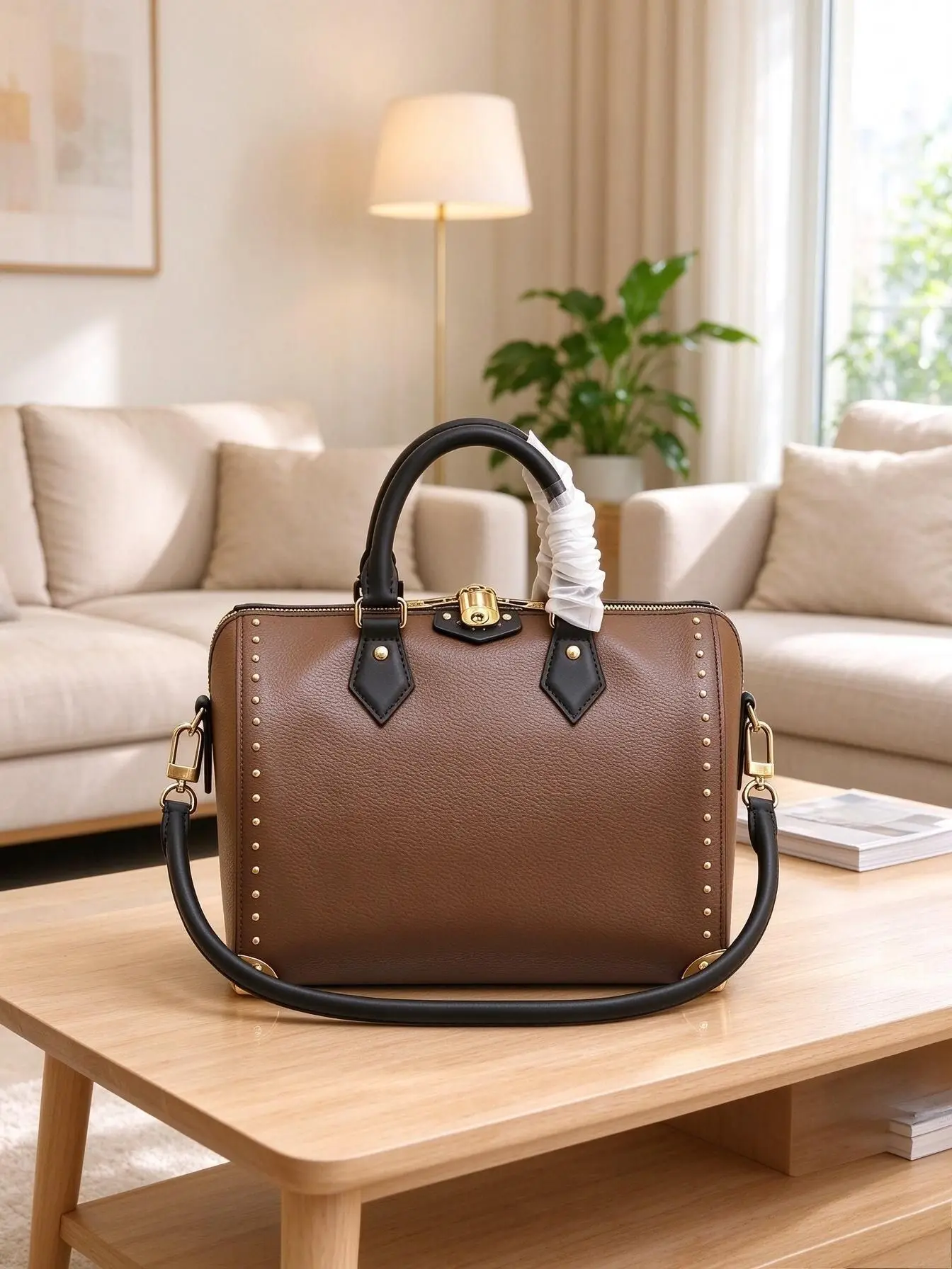 Fashion Solid Brown Boston Handbag for Women, Portable Top Handle Barrel Purse, Removable Adjustable Crossbody Strap Shopping Bag