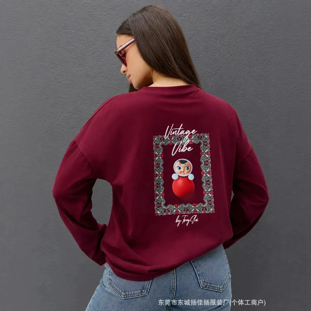 Wine Red Slavic Retro Aesthetic Long‑Sleeve Tee 100% Cotton Crew Neck Oversized T‑Shirt Russian Roly‑Poly Toy Cute Cartoon Tops