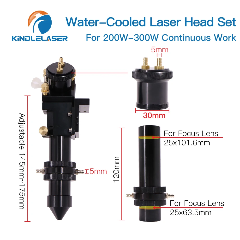 Set testina laser con interfaccia di raffreddamento ad acqua Specchio Dia.30/Lente Dia.25 Lunghezza focale Supporto per montaggio integrativo da 50,8 e 63,5 mm (Nero)