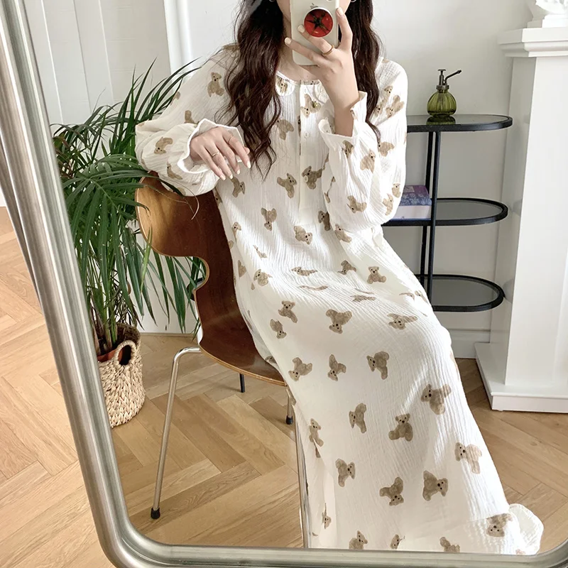 Bear Cartoon Print Summer Nightgown Korean Soft Cotton Long Sleepwear Short Sleeve Ruffles Nightdress Buttons Kawaii Homewear