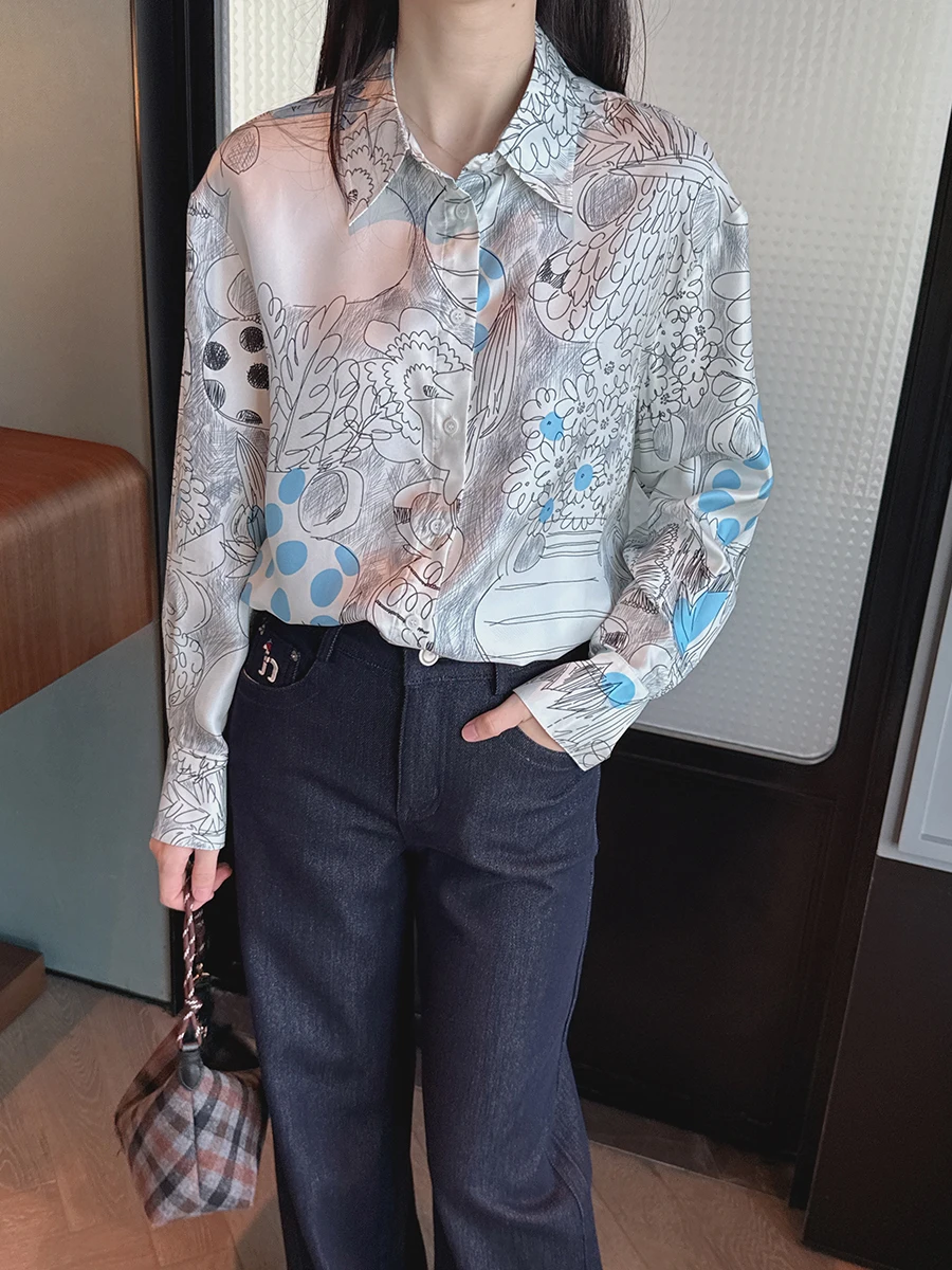 

Шелковая блузка Silky Touch 9 Momme из тонкой марли с иллюстрациями, свободного кроя, для повседневной носки, женская, модная, весенняя коллекция, с длинным рукавом