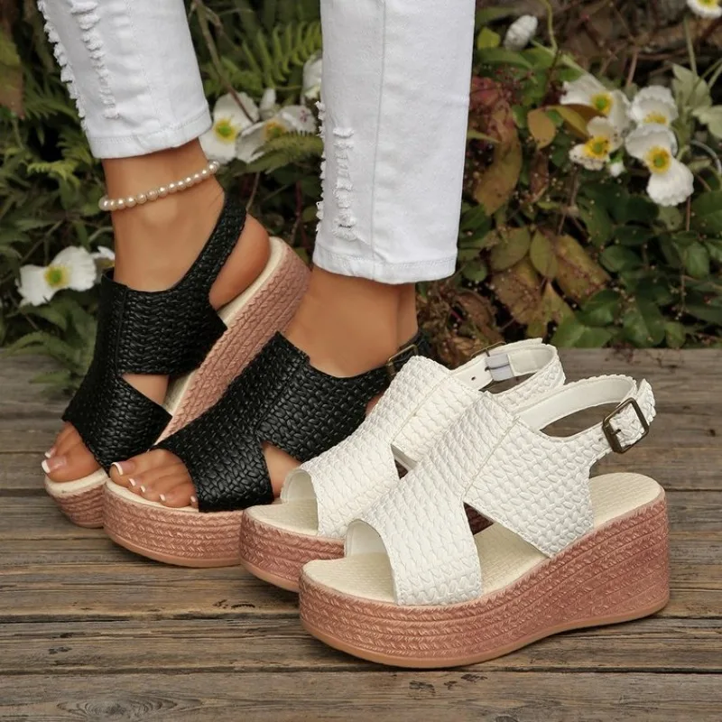 2026 New Summer Slope Heel Thick Sole Plus Size Sandals for Women Fashionable Waterproof Platform Hollow Sandals
