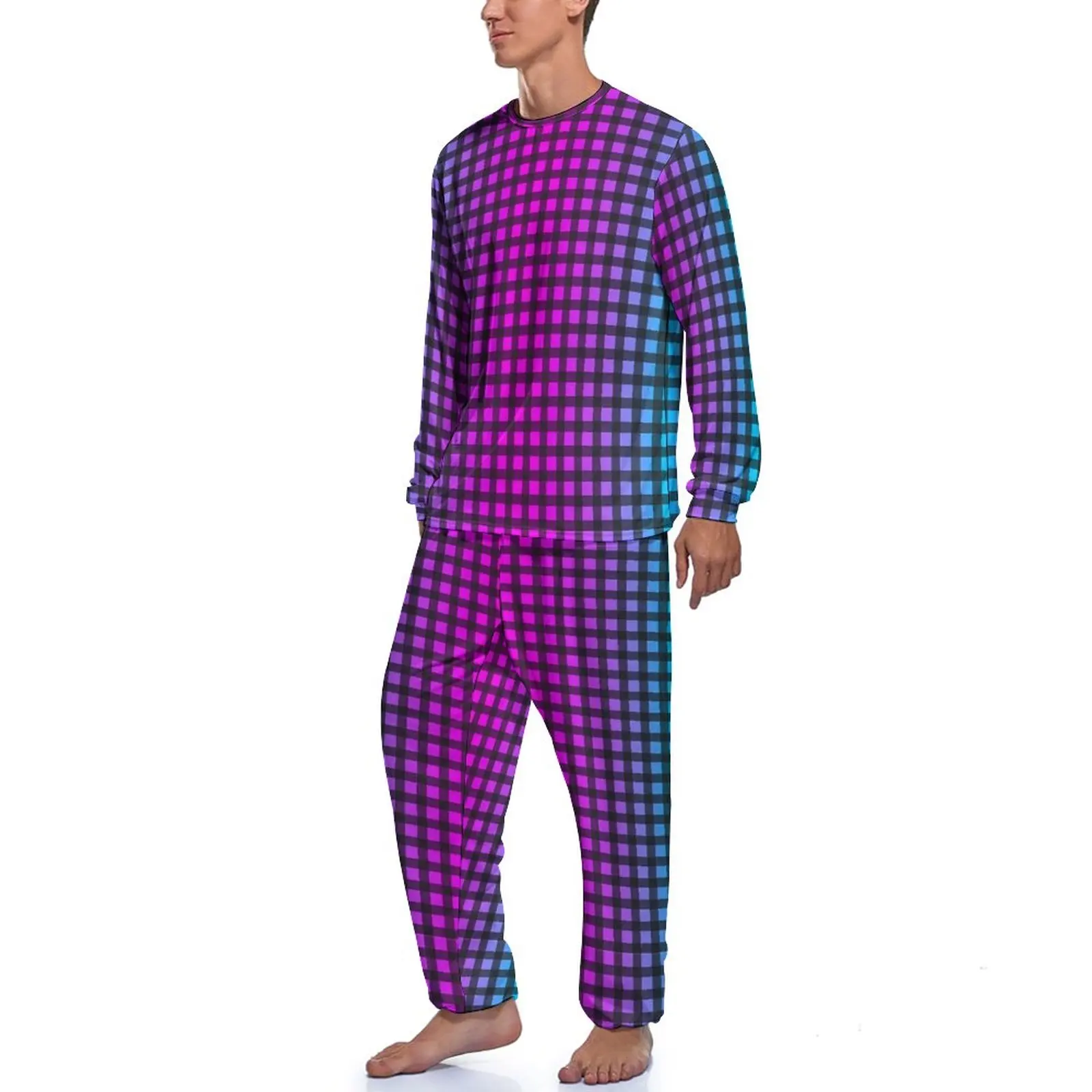 Purple Blue Gingham Pajamas Autumn Ombre Print Casual Home Suit Mens 2 Piece Graphic Long Sleeve Cute Pajamas Set