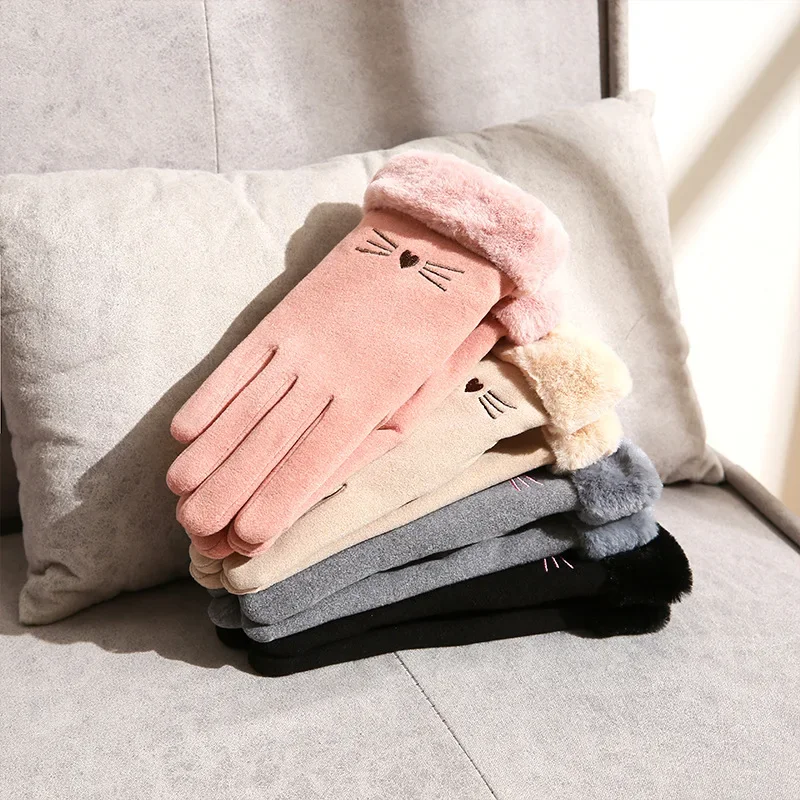 High quality winter gloves for women suede fur lining hand warmer new 2024 elegant cute gloves  - pink beige grey