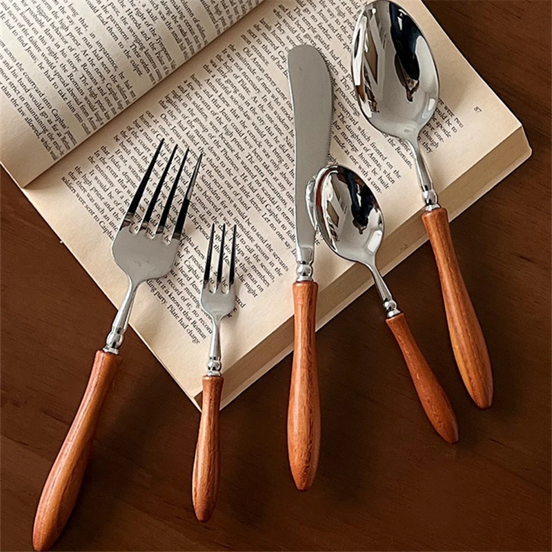 5/6PCS Toon Wood Stainless Steel Cutlery Sets Full Dinner Table Service Natural Fork Spoon Kinfe Wedding Luxury Decoration