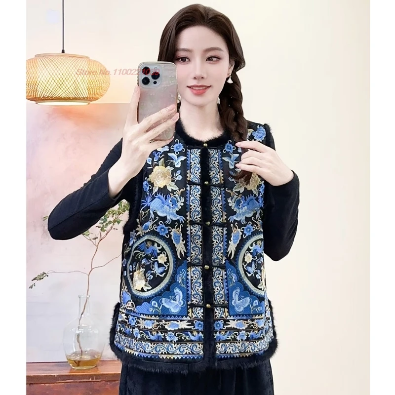 

2025 chinese vintage vest traditional sleeveless jacket national flower embroidery cotton-padded folk vest retro hanfu tops