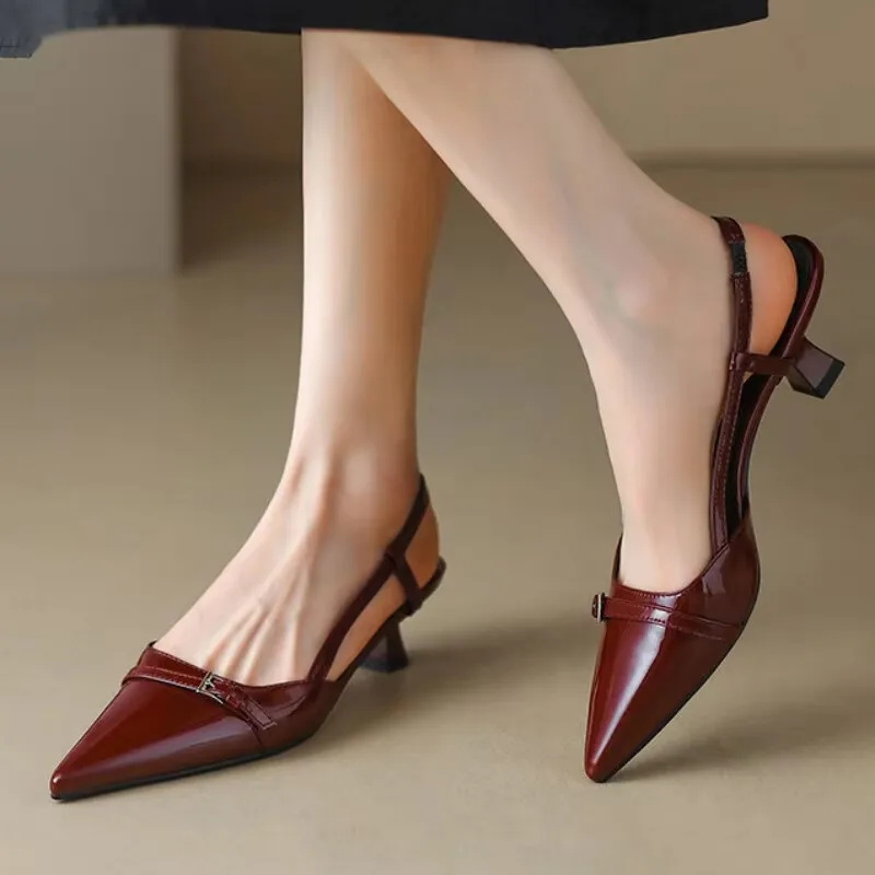 

Patent Leather Sandals Women's Summer Dress Shoes Pointed Toe Mid Heels Pumps Women Sandals Zapatos De Mujer