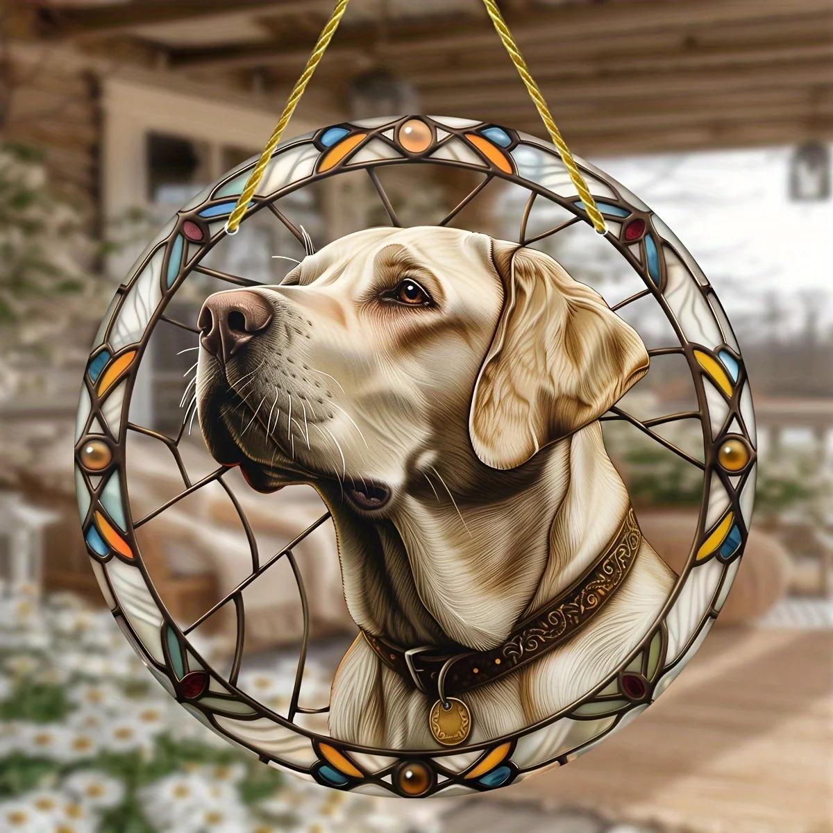 Labrador Retriever Stained Glass Window Hanging Suncatcher,Round Acrylic Sign,Wreath Accent,Home,Patio Garden Bedroom Decor