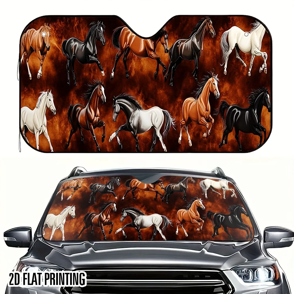 1pc 2D Flat Jumping On The Wall Of A Galloping Horse Print Universal Fit Car Windshield Sun Shade – Stylish And Cool, Perfect Su