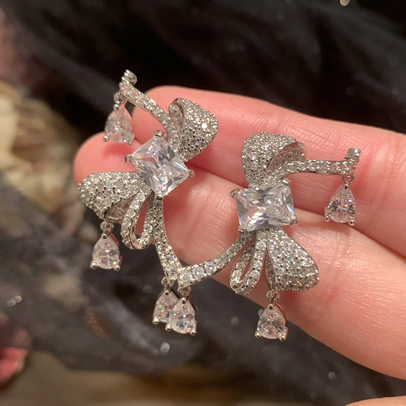 Bowknot Earrings for Women Luxury Jewelry Green Pink White Zircon Copper Symmetrical Small Water Drop Earrings Gift Female