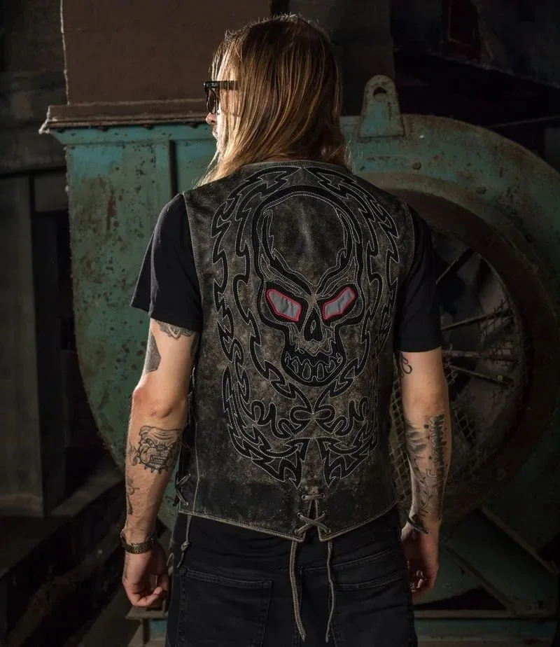 

Black Four Seasons Leather Vest Men Plus Size 4XL Genuine Natural Cowhide Skull Embroidery Pattern Single Breasted Vest