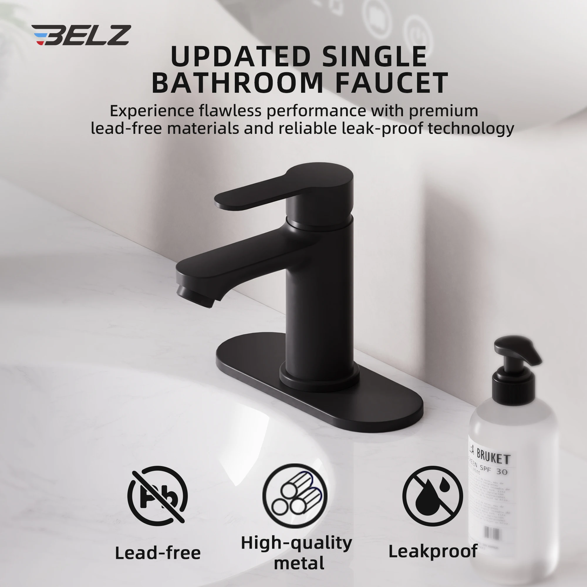 

BELZ Matte Black Bathroom Faucet, Single Handle Sink Faucet for 1 or 3 Hole Installation, Modern Lead-Free Metal Vanity Faucet with Easy Installation