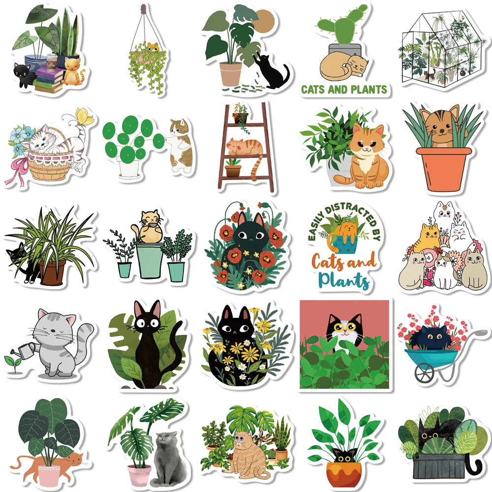 10/30/50PCS New Cartoon Cat with Green Plants Exquisite Stickers Gift Toys DIY Laptop Luggage Ipad Guitar Stickers Wholesale