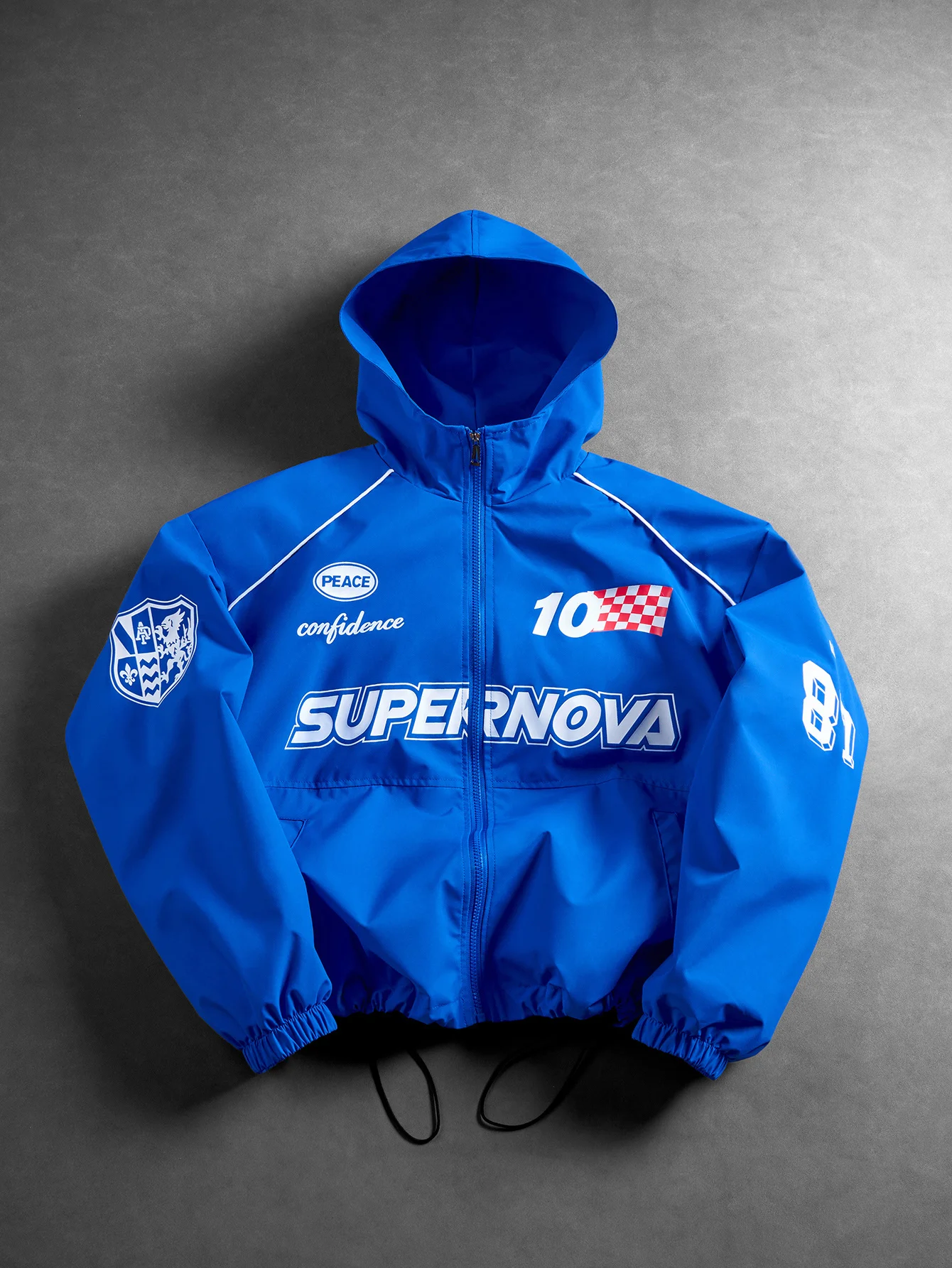 Men Blue Racing Style Hooded Jacket, Multi-area Letter Print, Full Zipper Placket, Hem Drawstring, Elastic Cuffs, Loose Fit, Street Trend Outdoor Casual Long Sleeve Outerwear
