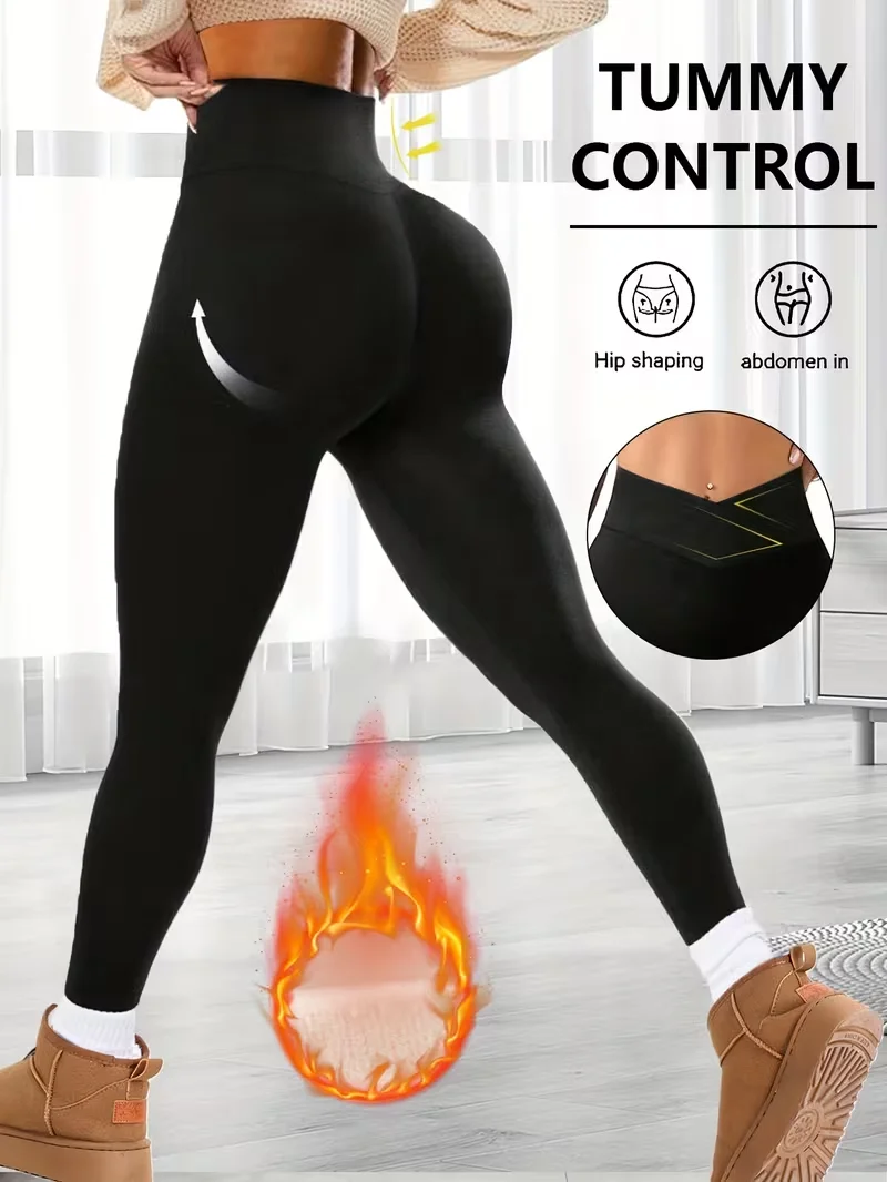 سراويل يوجا من الصوف السميك الناعم للنساء بخصر متقاطع وخصر على شكل حرف V للتحكم في البطن - لباس ضيق للتخسيس والجري الحراري، جينز (جديد)