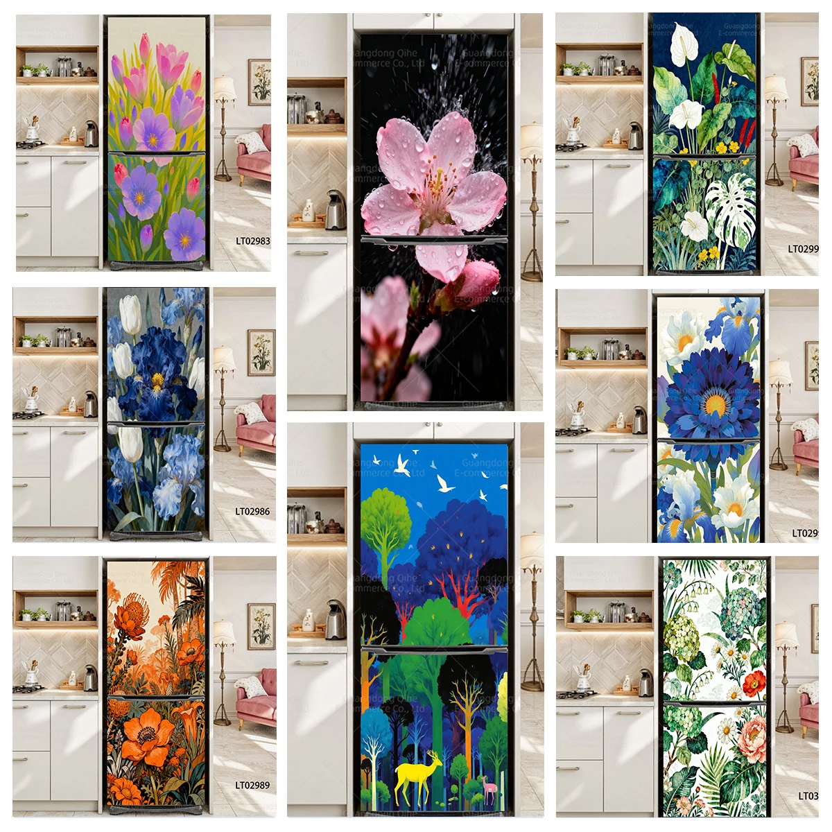 Bright Floral Series  Refrigerator Stickers  Art Murals Self-Adhesive Full-Cover Door Stickers  Modern Wall Decals wall stickers