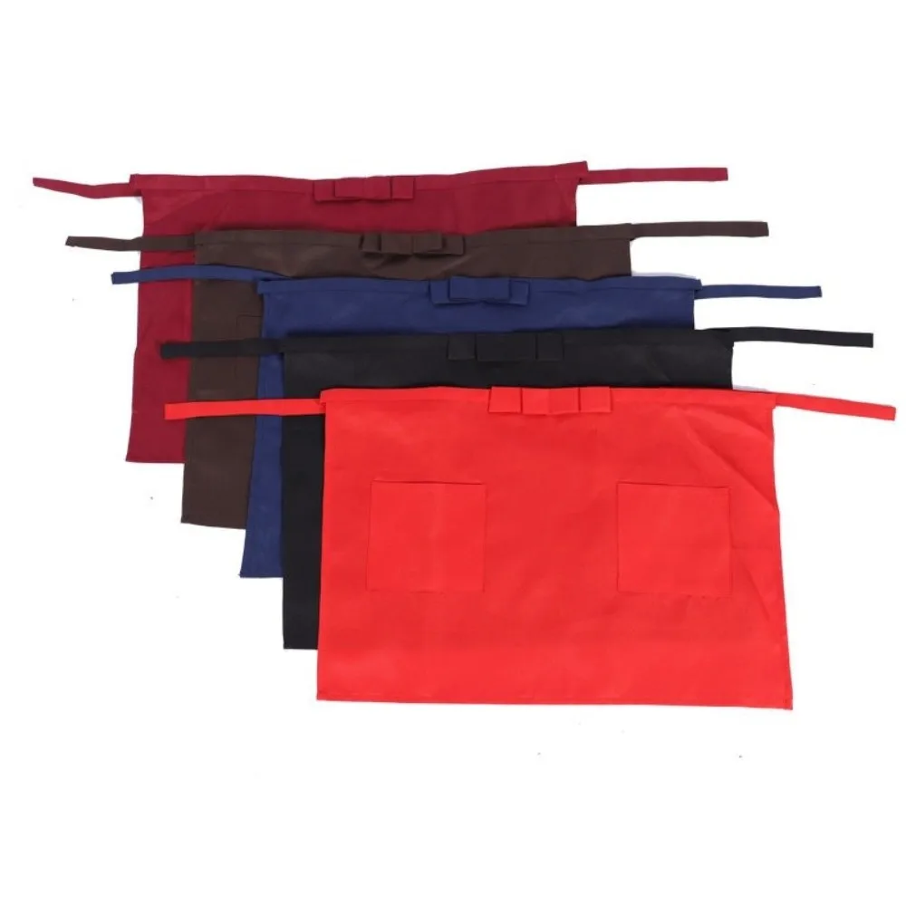 New Two Pockets Waist Apron Short Bow Detail Server Apron Antifouling Tie Straps Work Apron Coffee Bar Use