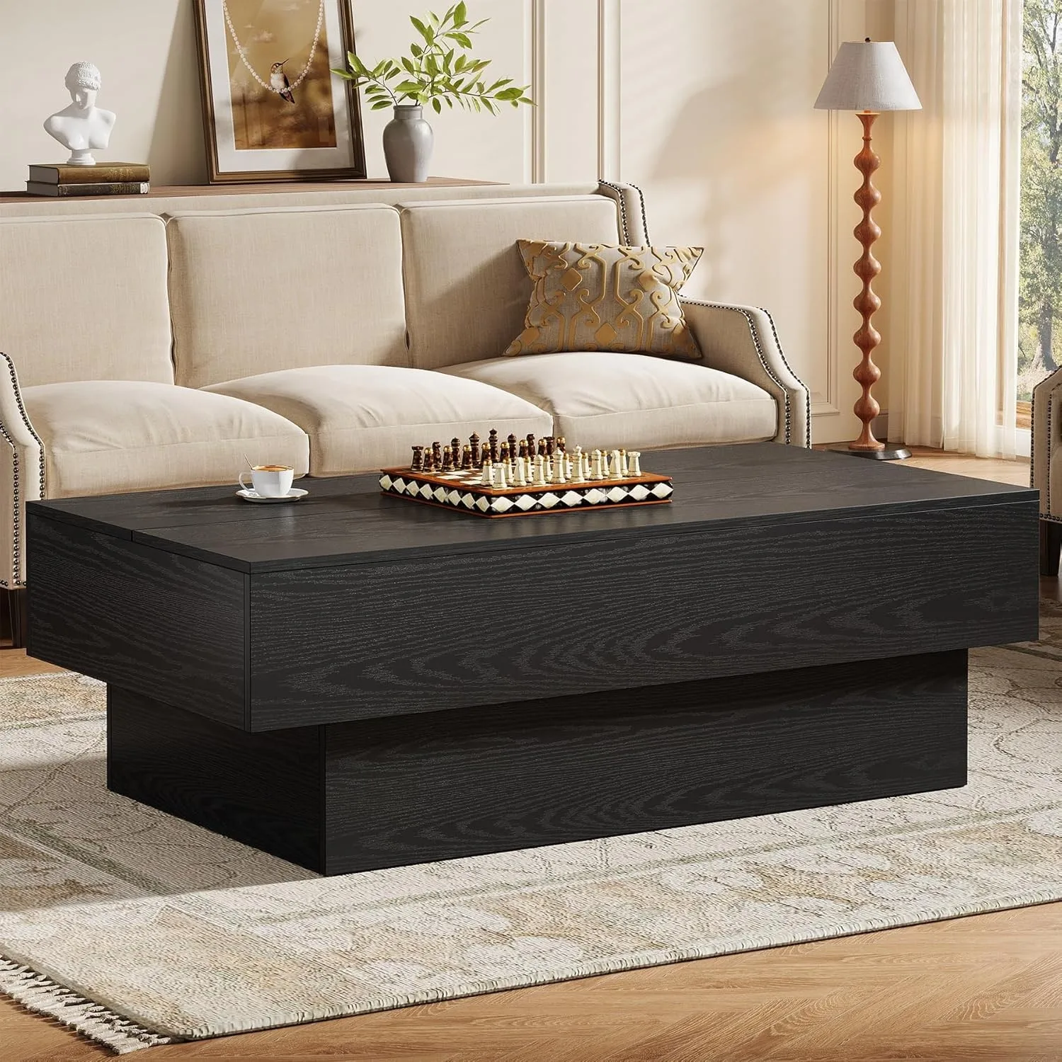 Modern Black Coffee Table, 55-Inch Rectangle Wooden Center Table for Living Room
