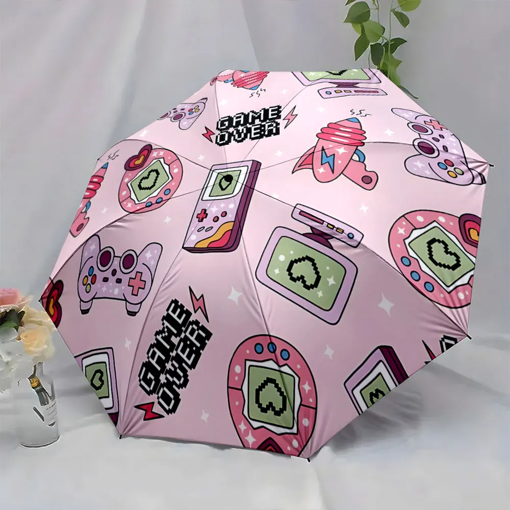 1PC Retro Gaming Umbrella Design with Pastel Colors Print 8 Iron Ribs Folding Umbrella Auto-Open Fashion Sunshade
