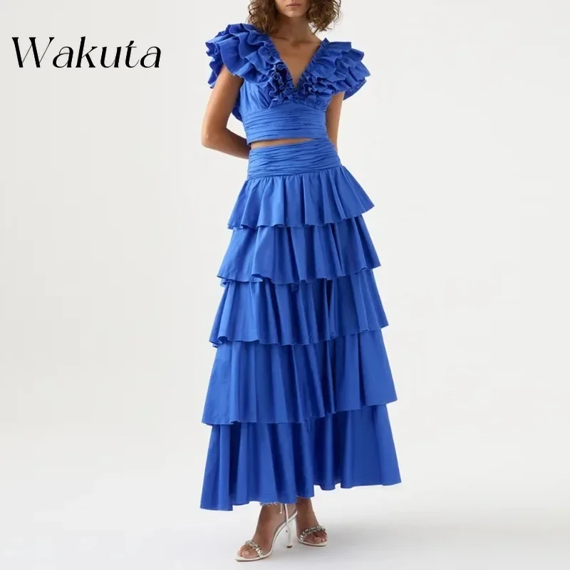 WAKUTA Sexy V Neck Butterfly Sleeve Folds Crop Tops High Waist Tierred Pleat Skirt Casual Sets Женский Вязаный Костюм Solid Sets