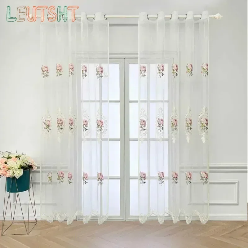 Cortina de tul con bordado de peonías de lujo americano para sala de estar, cortinas de gasa transparentes con bordado de flores elegantes europeas para dormitorio