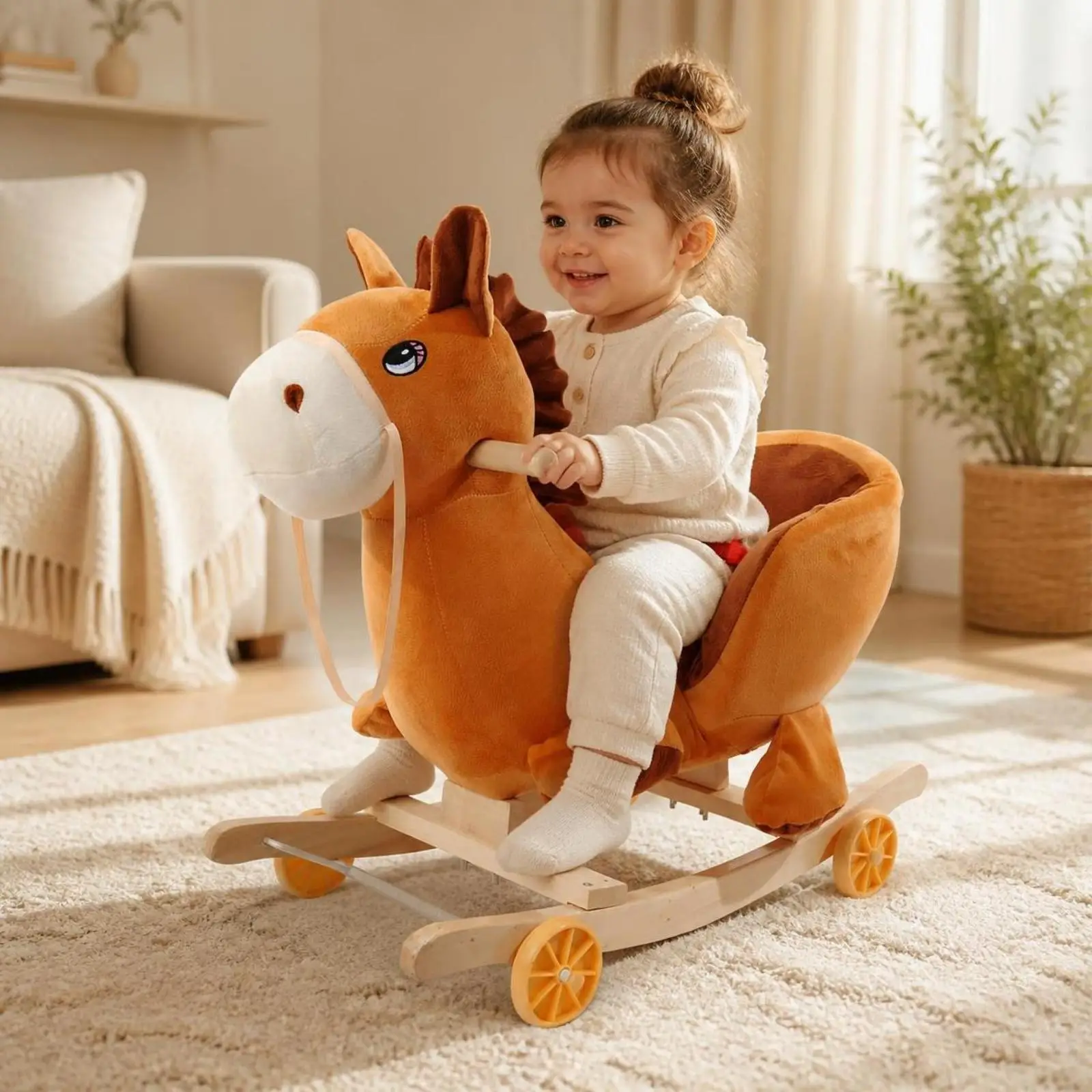 Musical Plush Rocker for Infants with Curved Wooden Base and Safety Harness for Ages