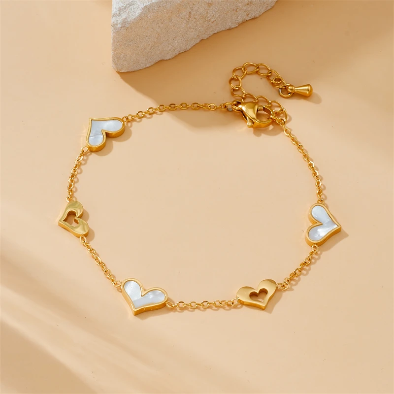 DIEYURO 316L Stainless Steel White Shell Heart-shaped Bracelet Necklace Women Delicate Fashion Simplicity Pendant Jewelry Suit