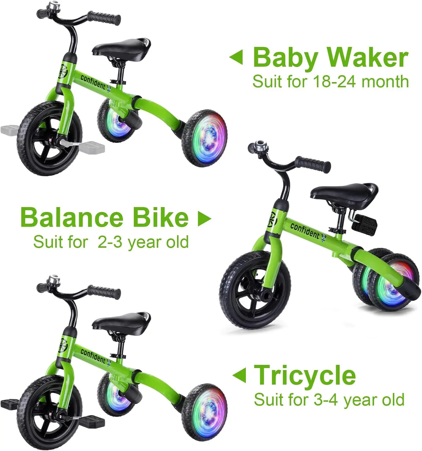3 in 1 Lighting Tricycle for Toddlers Age 2-5 Years Old, Folding Kids Balance Bike with Adjustable Seat and Removable Pedal, Tod