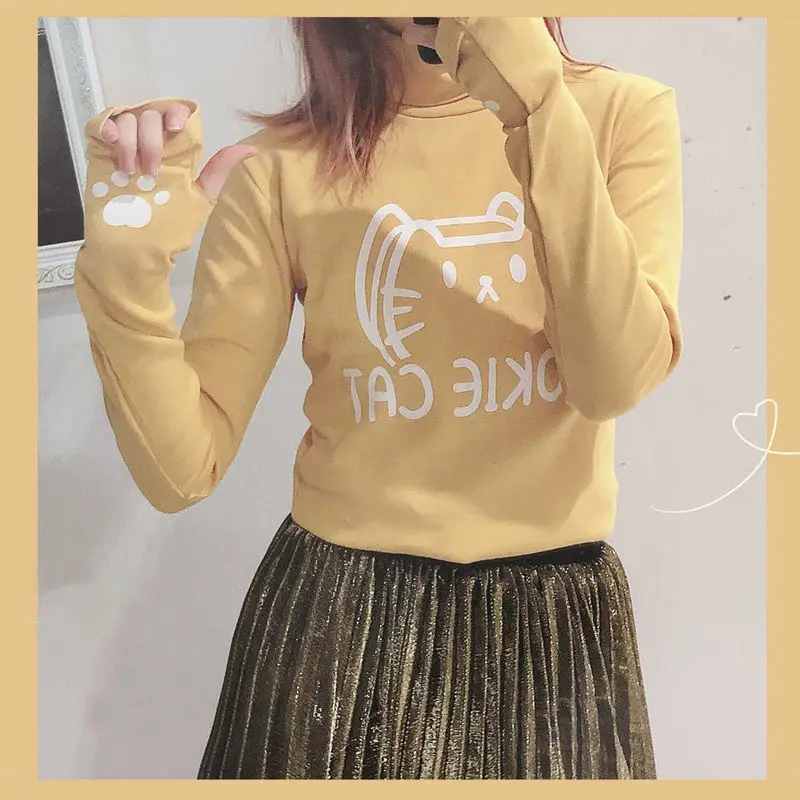 KOSAHIIKI Turtleneck Basic Women Tops Sweater 2024 Autumn Winter Long Sleeve Stretched T-shirt Slim Female Kawaii Cartoon Tee