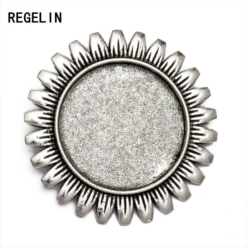 REGELIN New 5pcs/lot inner 25 mm Sun Flower Antique Gold/Antique Silver Brooch Base Fit Cabochon Tray DIY Jewelry Findings