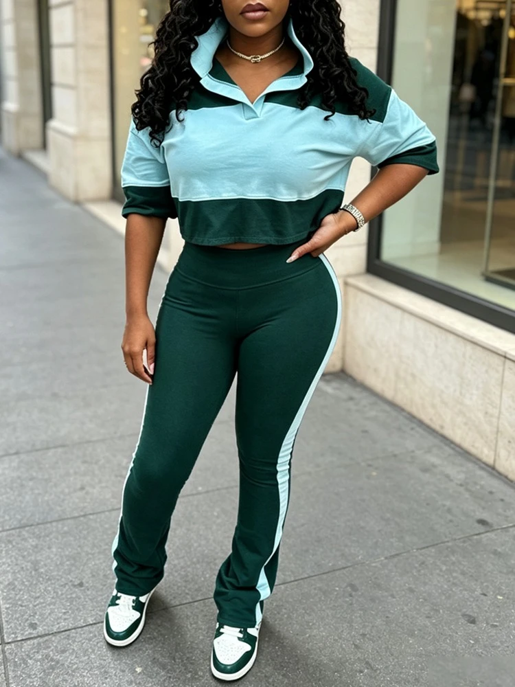 Women’s High Waist Long Pants Set Short Sleeve Color Block Crop Top Slim Fit 2 Piece Suit for Casual Sports Streetwear Outfit