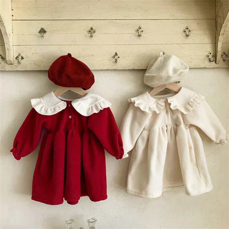 Girl Baby Korean Version Autumn and Winter New Children's Skirt Fashionable Lace Lapel Bud Sleeve Temperament Ladylike Dress