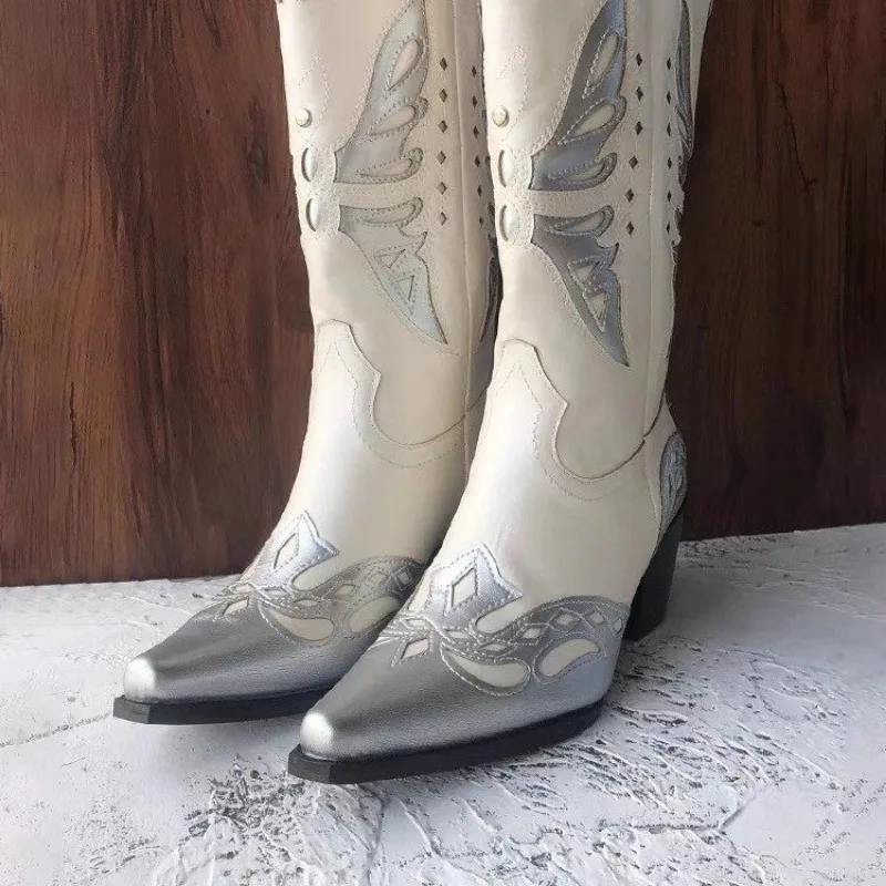 LapoLaka Niche Design Brand Cowboy Cowgirl Boots Women Chunky Heels Butterfly Elegant Western Boots Comfy Shoes For Woman